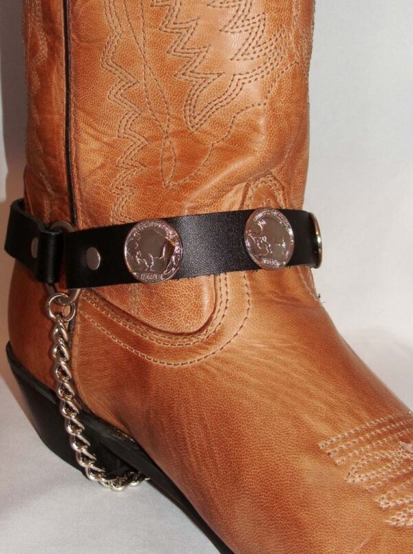 A pair of Buffalo Nickel Concho Leather Cowboy Boot Chains with a chain and a coin.