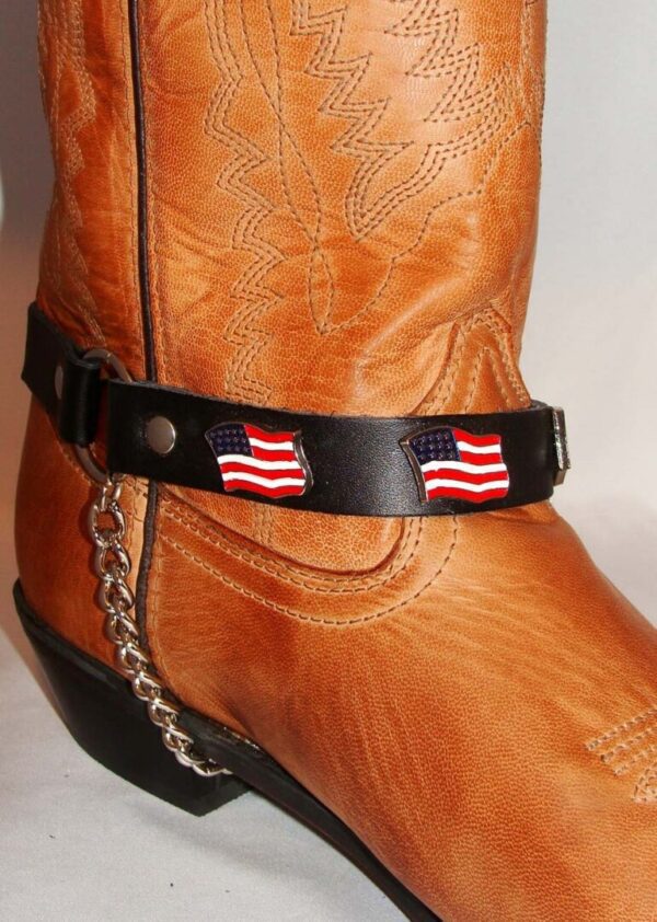 PAIR- USA American Flag Cowboy Boot Chains <ul> <li>Black leather straps</li> <li>flag size 1" wide x 5/8" Tall</li> <li>1/2" wide straps</li> </ul>   •