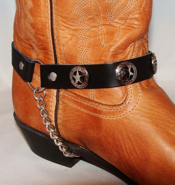 PAIR- Western Star Cowboy Boot Chains <ul> <li>Western Stars</li> <li>7/8" x 7/8" circle</li> <li>1/2" wide straps</li> </ul> •