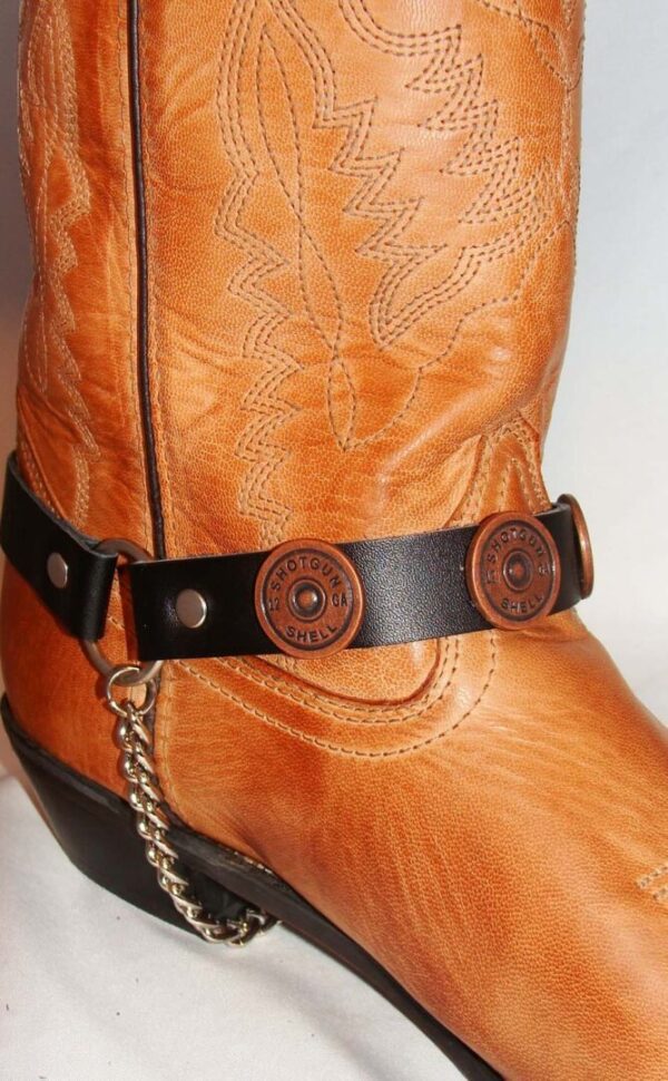 A pair of Shotgun Shell Concho Leather Cowboy Boot Chains with buttons.