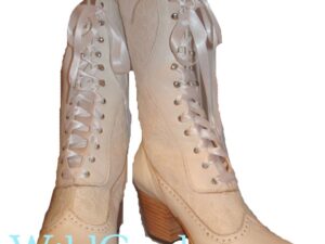 A pair of Biddy Cream Leather & Lace Womens Granny Boots on a white background.