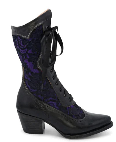 <div class="qsc-html-content"> Biddy Black Leather & Lace Purple Womens Granny Boots <ul> <li>Lace inlay, Satin laces</li> <li>8.5"shaft</li> <li>2.5" heel</li> <li>sizes: 6-11</li> </ul> </div> •