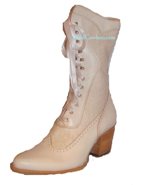 A Biddy Cream Leather & Lace Womens Granny Boot with laces and lace.