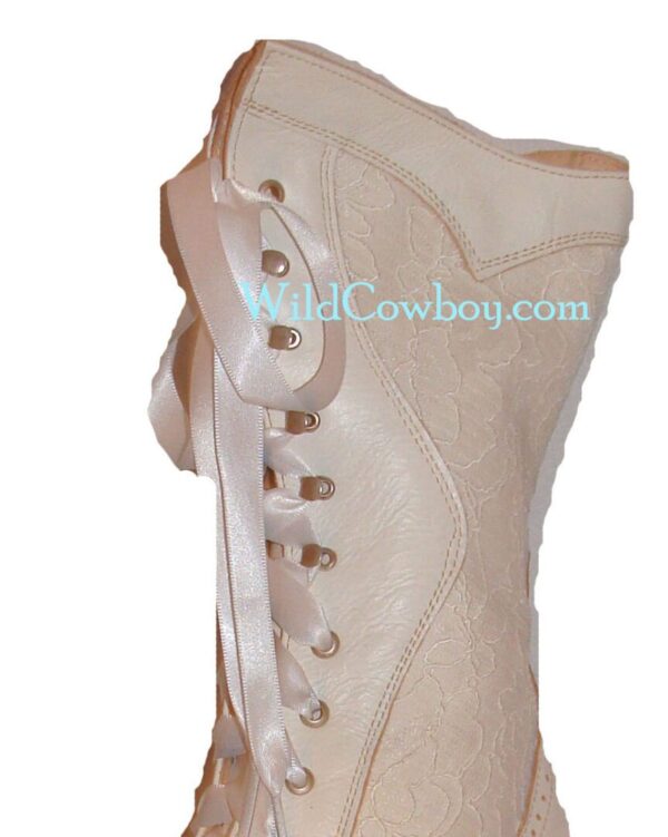 A pair of Biddy Cream Leather & Lace Womens Granny Boots with white laces.
