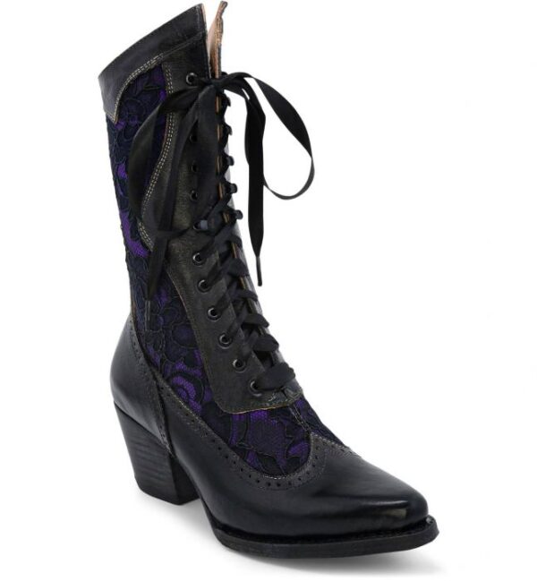 A Biddy Black Leather & Lace Purple Womens Granny boot.
