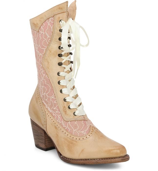 A Biddy Bone Rustic Leather & Lace Pink Blush Womens Granny Boots with lace and a wooden heel.