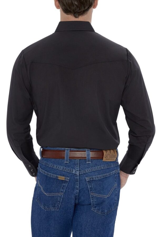 The back of a man wearing jeans and a Mens Pearl snap black western shirt, regular, big and tall.