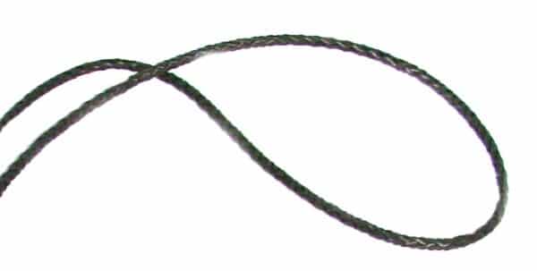 A black braided cord on a white background.