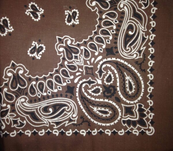 A USA Made Paisley Western bandana with black and white designs.