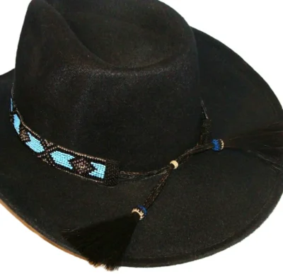 Turquoise beaded cowboy hat band with horse hair tassels