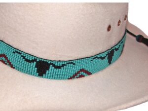 A Turquoise Longhorn Beaded Horse Hair Tassel Cowboy Hat Band with a tassel.