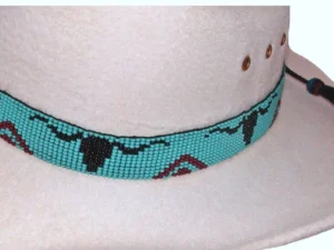 Turquoise Longhorn Beaded Horse Hair Tassel Cowboy Hat Band with tassels