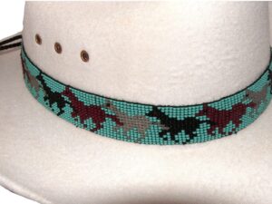 A Running Horses Turquoise Beaded Horse Hair Tassel Hat Band with horses on it.