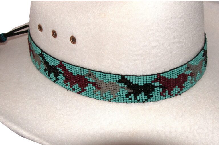 A Running Horses Turquoise Beaded Horse Hair Tassel Hat Band with horses on it.