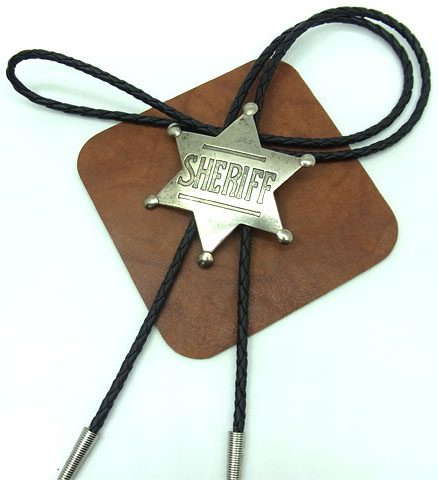 A Silver Sheriff Badge Bolo Tie is attached to a leather strap, creating a stylish bolo tie.