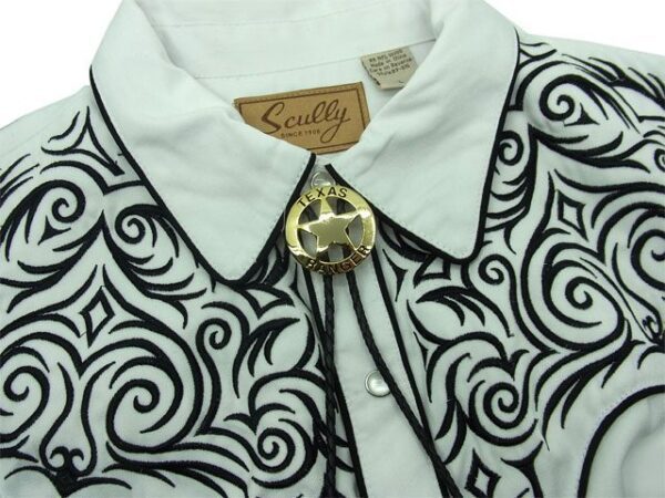 A Texas Ranger Silver Western Bolo Tie with a black and white pattern.