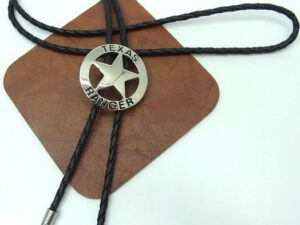 A Texas Ranger Silver Western Bolo Tie with a star on it.