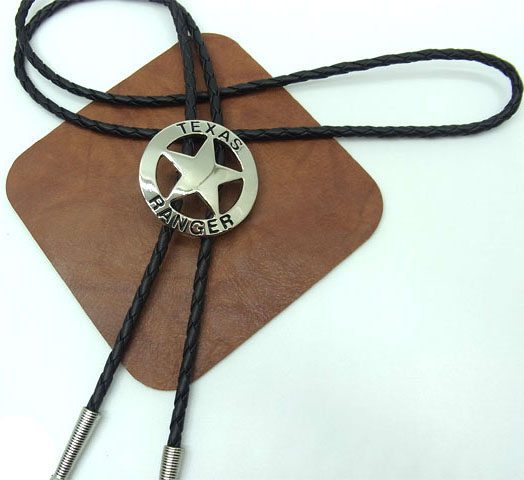A Texas Ranger Silver Western Bolo Tie with a star on it.