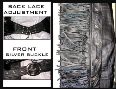 Lady Morgan Silver Studded Black Leather Chaps <ul> <li>silver studded fringe</li> <li>FULL CHAPS WITH ZIPPER SIDES</li> </ul> •
