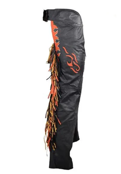 ORANGE LEATHER FRINGE & FLAME CHAPS with STUDS Soft COWHIDE leather Covered zipper side Orange flame Orange, black fringe •