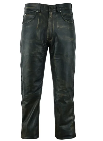 Men's 5 pocket Distressed Brown Leather Riding Pants <ul> <li>5-pocket pants</li> <li>naked cowhide leather</li> <li>loops for belt</li> <li>Size 32-48</li> </ul> •