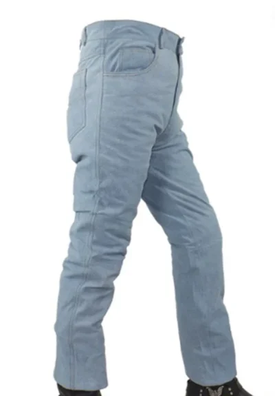 Men's 5 Pocket Blue Denim Leather Pants Real Denim look and feel on leather pants! <li>5 pockets</li> <li>zip up</li> <li>waist 32-44</li> •