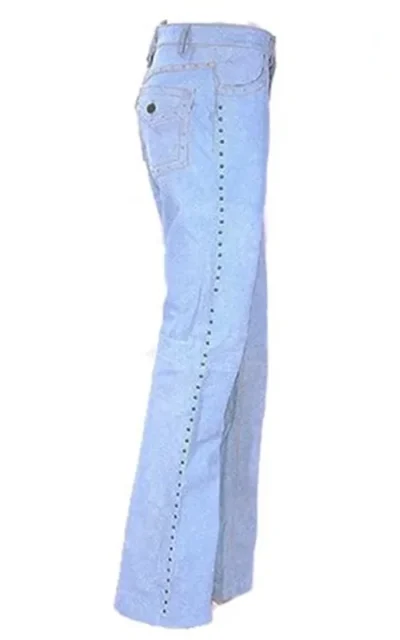 Ladies Studded Blue Jean Cowhide Leather Pants <ul style="list-style: square inside none;"> <li>Studded accents</li> <li>Leather pants for women</li> <li>Womens sizes 2-18</li> </ul> •