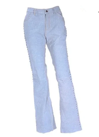 Ladies Studded Blue Jean Cowhide Leather Pants <ul style="list-style: square inside none;"> <li>Studded accents</li> <li>Leather pants for women</li> <li>Womens sizes 2-18</li> </ul> •