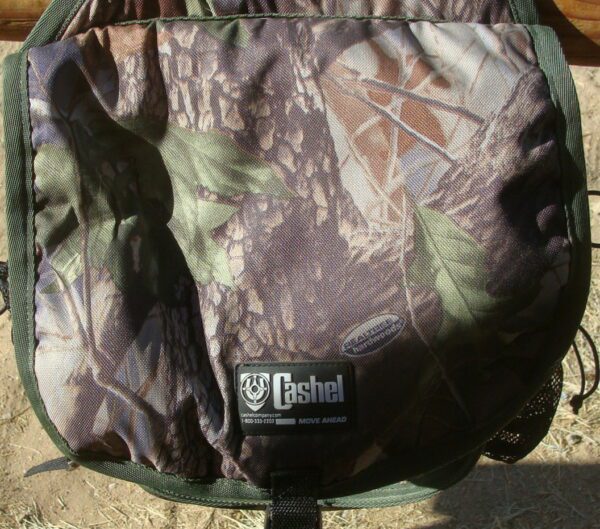 A backpack with a camouflage label on it.