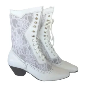 Women's 6.5 - white Leather Granny Boots Lace