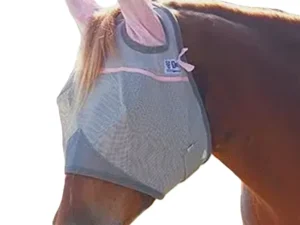 horse wearing a Pink ribbon UV Rated SHORT fly mask with EARS foal size