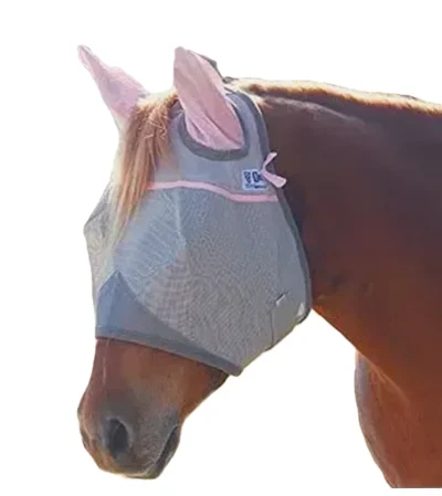 horse wearing a Pink ribbon UV Rated SHORT fly mask with EARS foal size