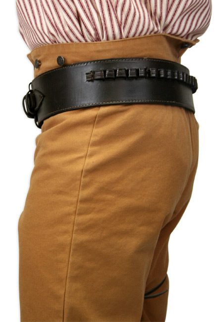 A man wearing a .45 Caliber Antique Brown Leather Single Western Gun Holster and tan pants.