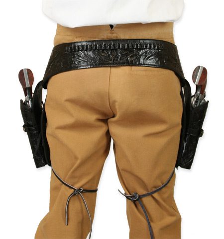 The back of a man's pants with a .45 Black Tooled Leather Cowboy Western Double Gun Holster.
