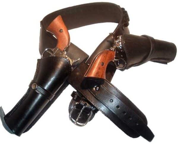 A .45 Caliber Antique Brown Leather Western Double Gun Holster with two revolvers on it.