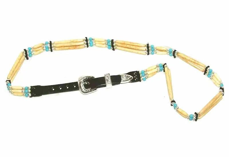 Black Leather Turquoise Beaded - Bone Hat Band - Silver Buckle - USA Made 2 Black Leather Turquoise Beaded - Bone Hat Band - Silver Buckle - USA Made