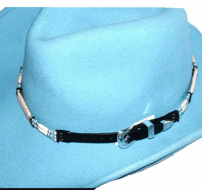 Black Leather Turquoise Beaded - Bone Hat Band - Silver Buckle - USA Made 4 Black Leather Turquoise Beaded - Bone Hat Band - Silver Buckle - USA Made
