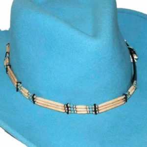 Black Leather Turquoise Beaded - Bone Hat Band - Silver Buckle - USA Made