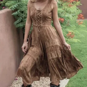 Women's Full Length Western Lace Up Sleeveless Dress