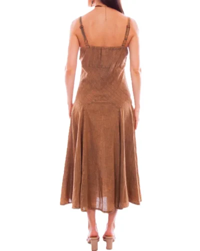 The back view of a woman wearing the Scully Womens Full Length Brown Copper Western Spaghetti Dress.