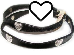 A black leather belt with metal hearts