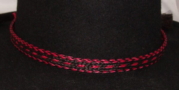 A red and black braided necklace on a USA MADE 1/2" Black & Hot Pink 3 Strand Horse Hair Hat Band.