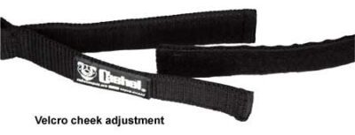 A pair of Horse grazing Muzzle Halter by Cashel straps with the word velcro on them.