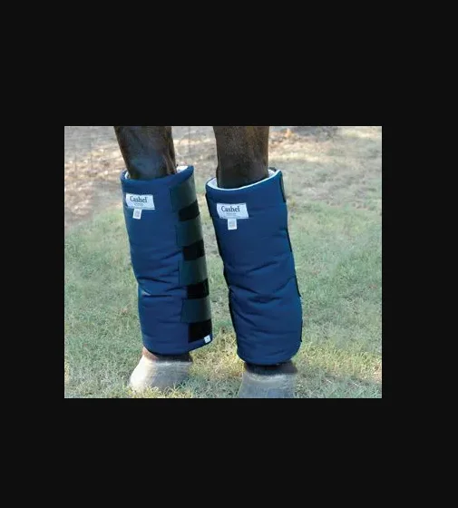 A pair of Horse Bandage Shipping Wraps Trailer Aids on horse's feet for shipping in a horse trailer.