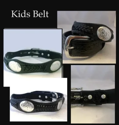 <div class="qsc-html-content"> <b>Kids Black Leather Silver Concho Western Belt</b> <ul> <li>1-1/4" wide</li> <li>sizes 18-28 waist</li> <li>Removeable buckle</li> </ul> </div>   •