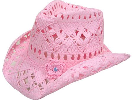 A Pink Flower Toyo Jr. straw cowgirl hat on a white background.