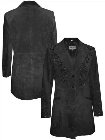 <div class=""> Womens SCULLY BLACK BOAR SUEDE long coat. <ul> <li>Detailed Sequins</li> <li>Front open pockets</li> <li> 3/4 Length</li> <li>size 12 only</li> </ul>   </div> •