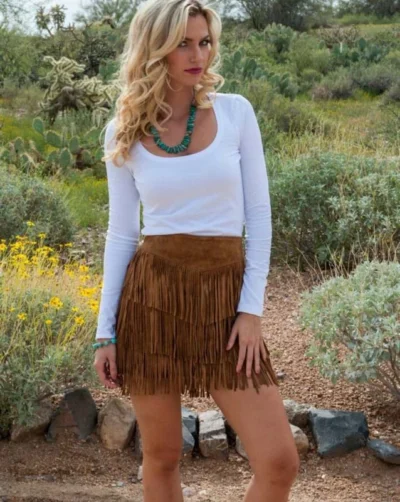 Womens brown fringe suede short skirt