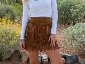 Womens Brown Suede Full Fringe Short Western Skirt