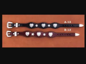 A pair of Silver Heart Rhinestone Leather Western Bracelets USA made Black or Brown with silver studs.